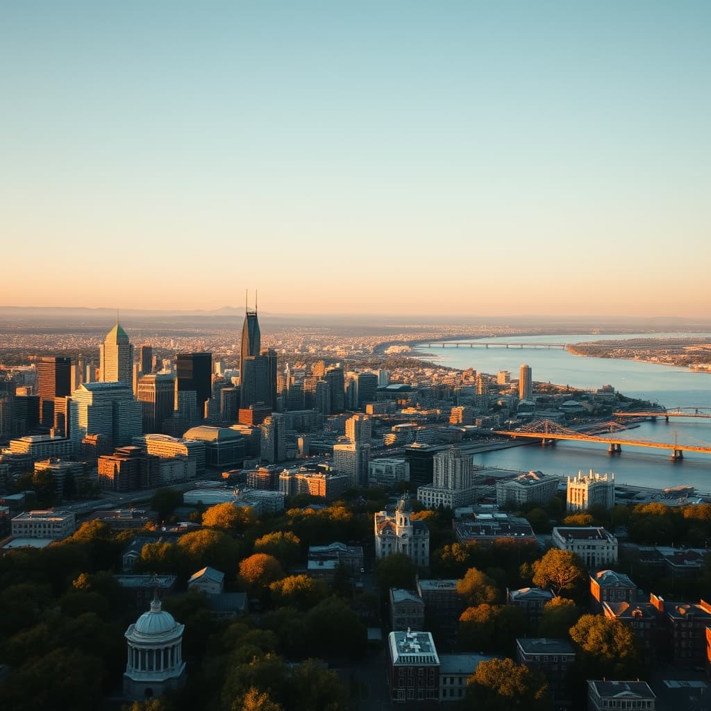 Vue de Montréal au coucher du soleil, le fleuve Saint-Laurent et la ville