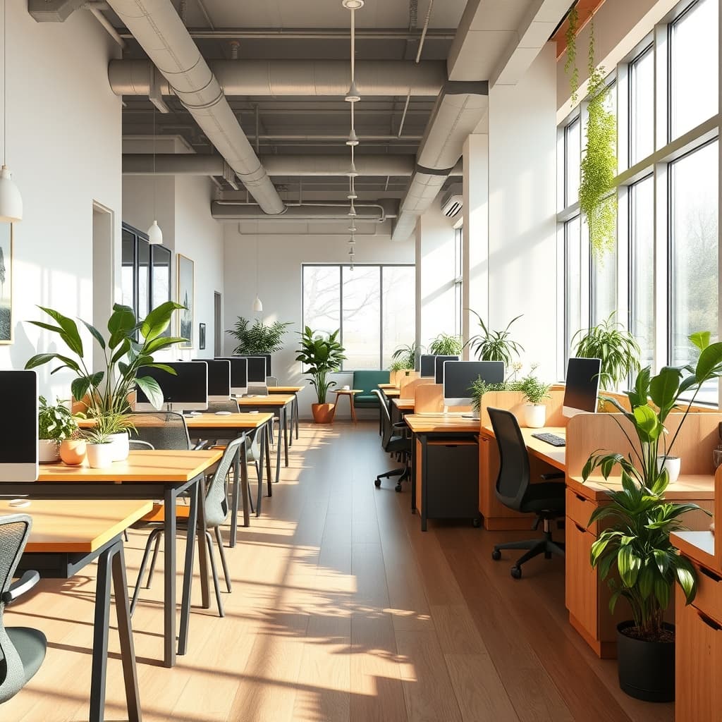 Bureau de petite entreprise québécoise, lumière naturelle et poste de travail