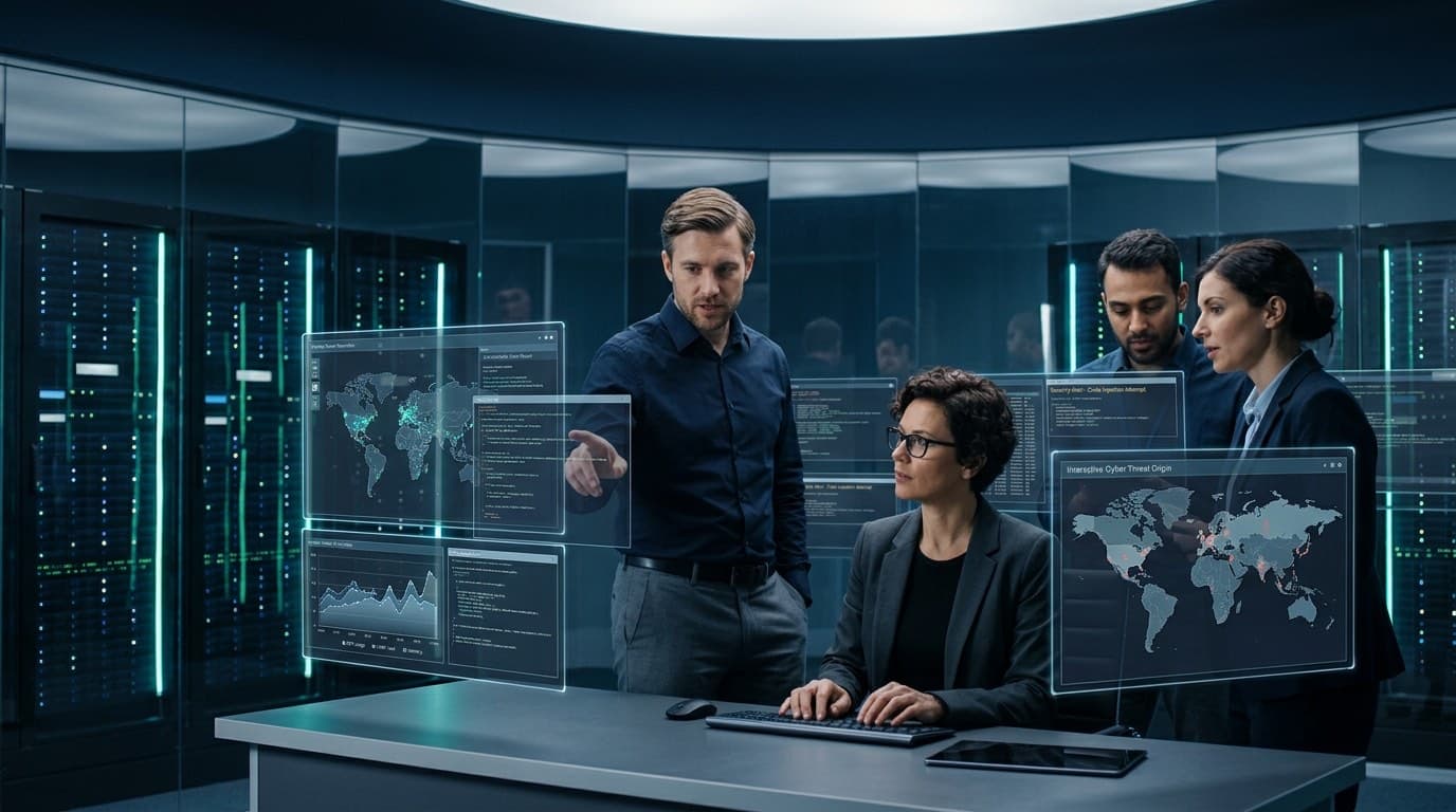 Quatre spécialistes en sécurité informatique analysent des tableaux de bord de menaces dans un centre d'opérations de sécurité.