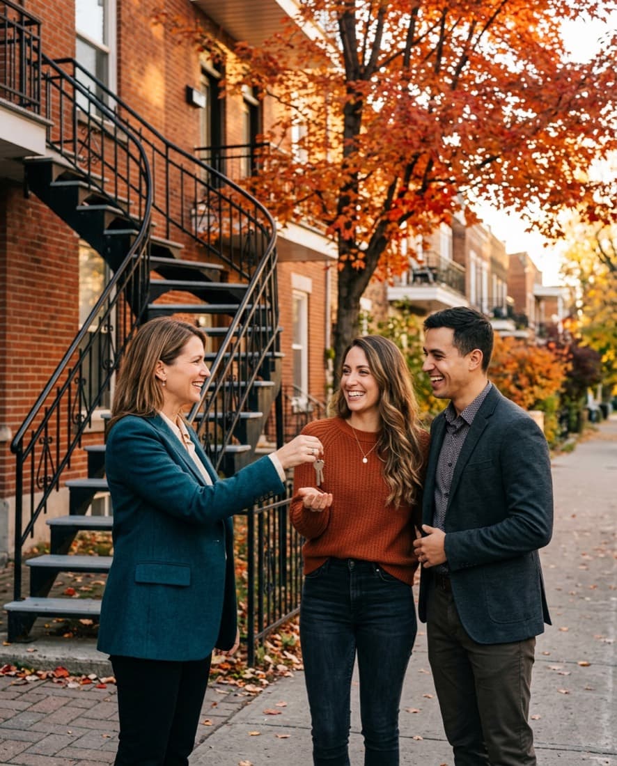 Une courtière immobilière remet les clés à un jeune couple souriant devant un plex montréalais, à l'automne.