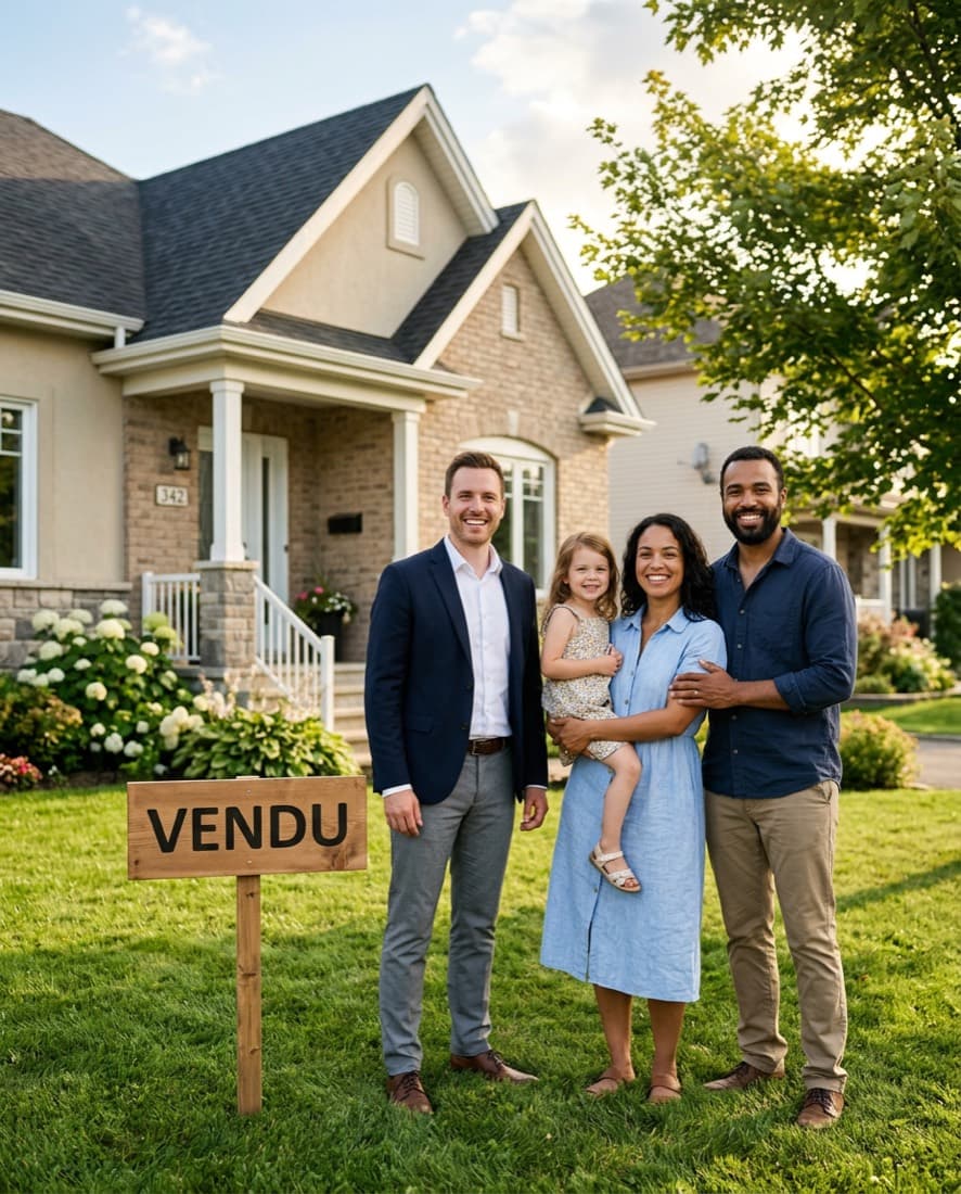 Une famille heureuse et son courtier devant une maison de banlieue, pancarte VENDU plantée sur la pelouse.