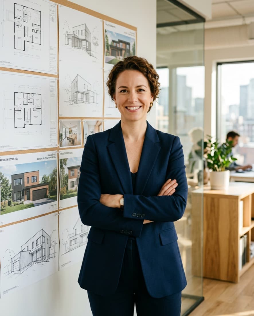 Portrait d'une courtière immobilière en tailleur marine, bras croisés, dans un bureau lumineux avec des plans de maisons au mur.