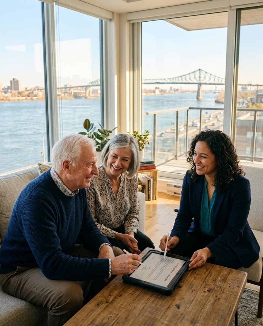 Un couple de retraités signe sur une tablette avec sa courtière, dans un condo avec vue sur le pont Jacques-Cartier.